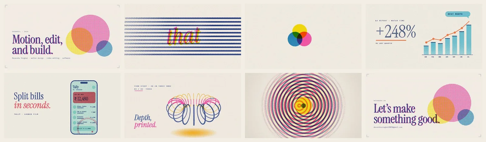 Eight frames from the 58-second risograph showreel: title card, kinetic type, logo ident, data story, app launch film, 3D form study, Trance plates and end card