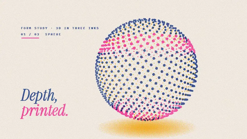 3D generative form study: a sphere of halftone dots printed in pink, cobalt and yellow