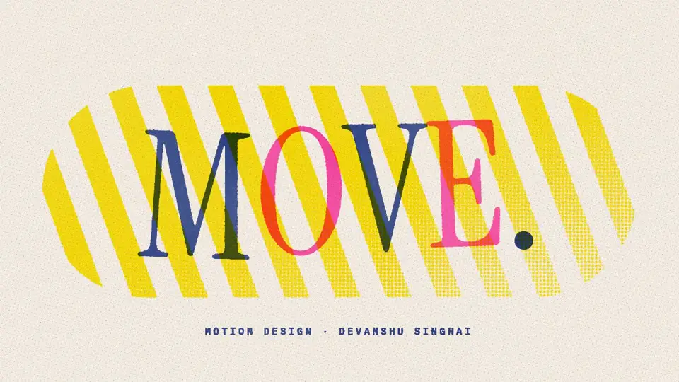 Kinetic typography animation: the word MOVE. in cobalt and pink over yellow halftone stripes